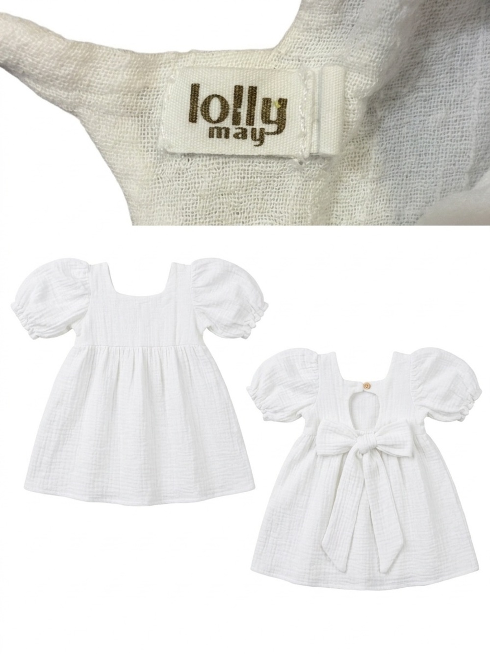 Lolly May Girls White Organic Cotton GauzeDress Puff Sleeve Back Bow Cottagecore
